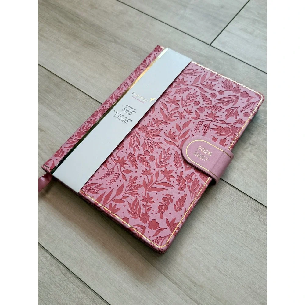 Papyrus 2026-2027 18-Month Faux Leather Planner Pink Floral Gold Leaf Edge NWT